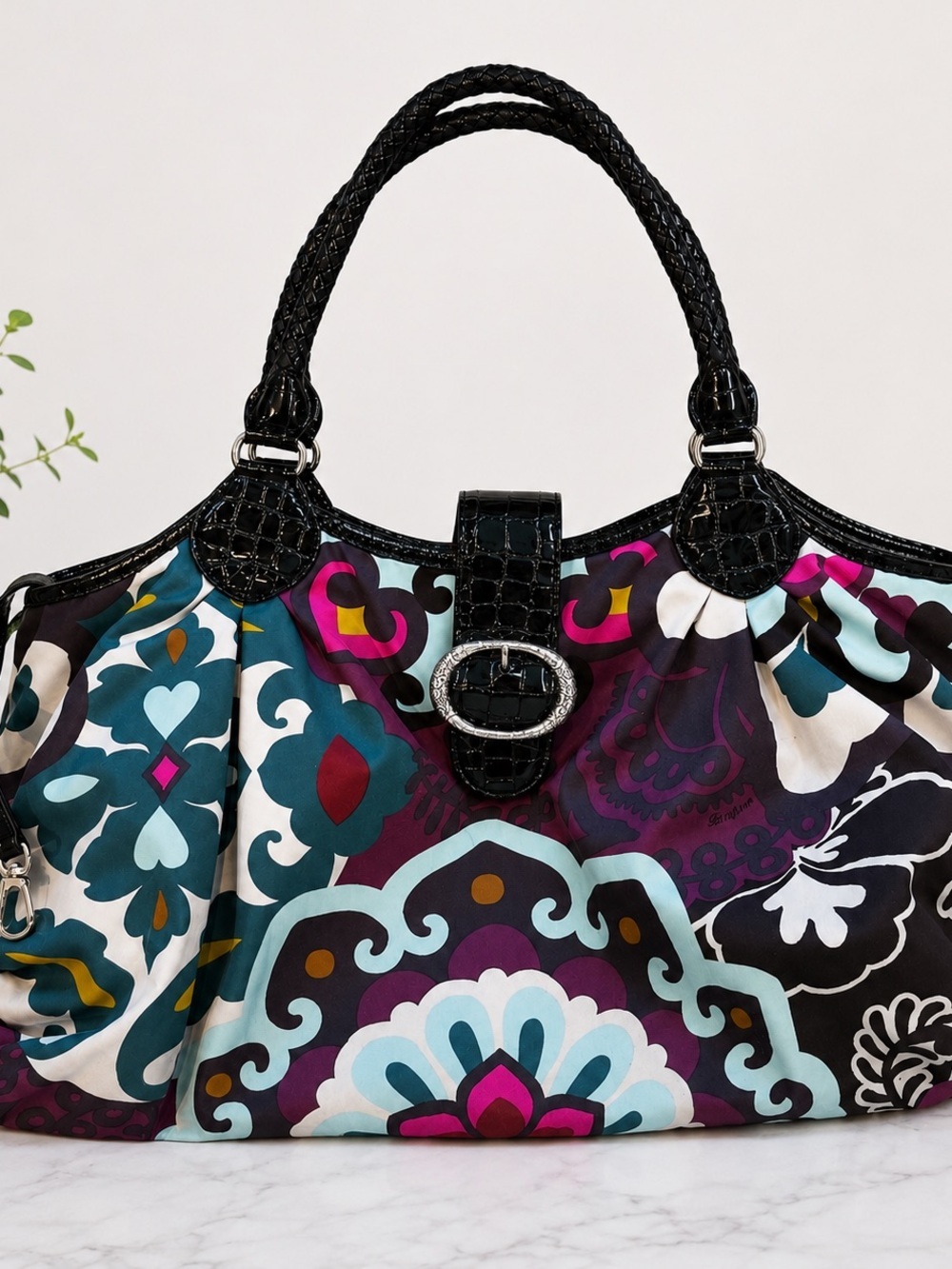 Brighton Multicolor Patterned Shoulder Tote with Black Croc Trim